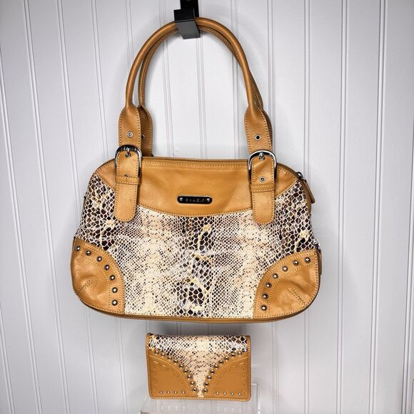 Sharif Snakeskin Print Leather Bag Purse and Wallet Set Gold Brown - Picture 1 of 16